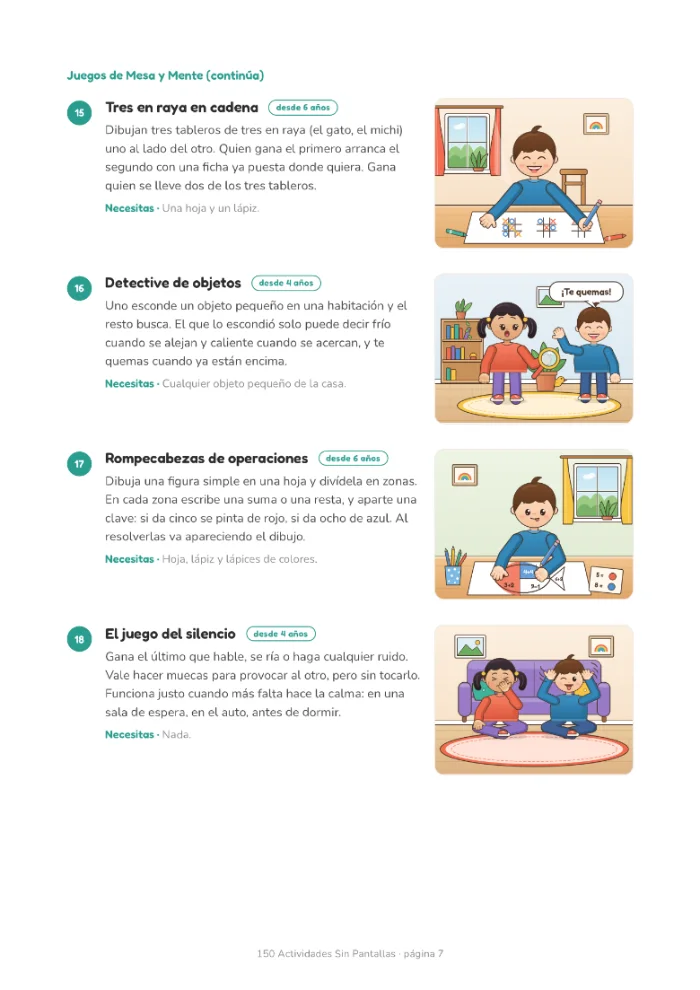 Página del libro con cuatro actividades de la categoría Juegos de Mesa y Mente.